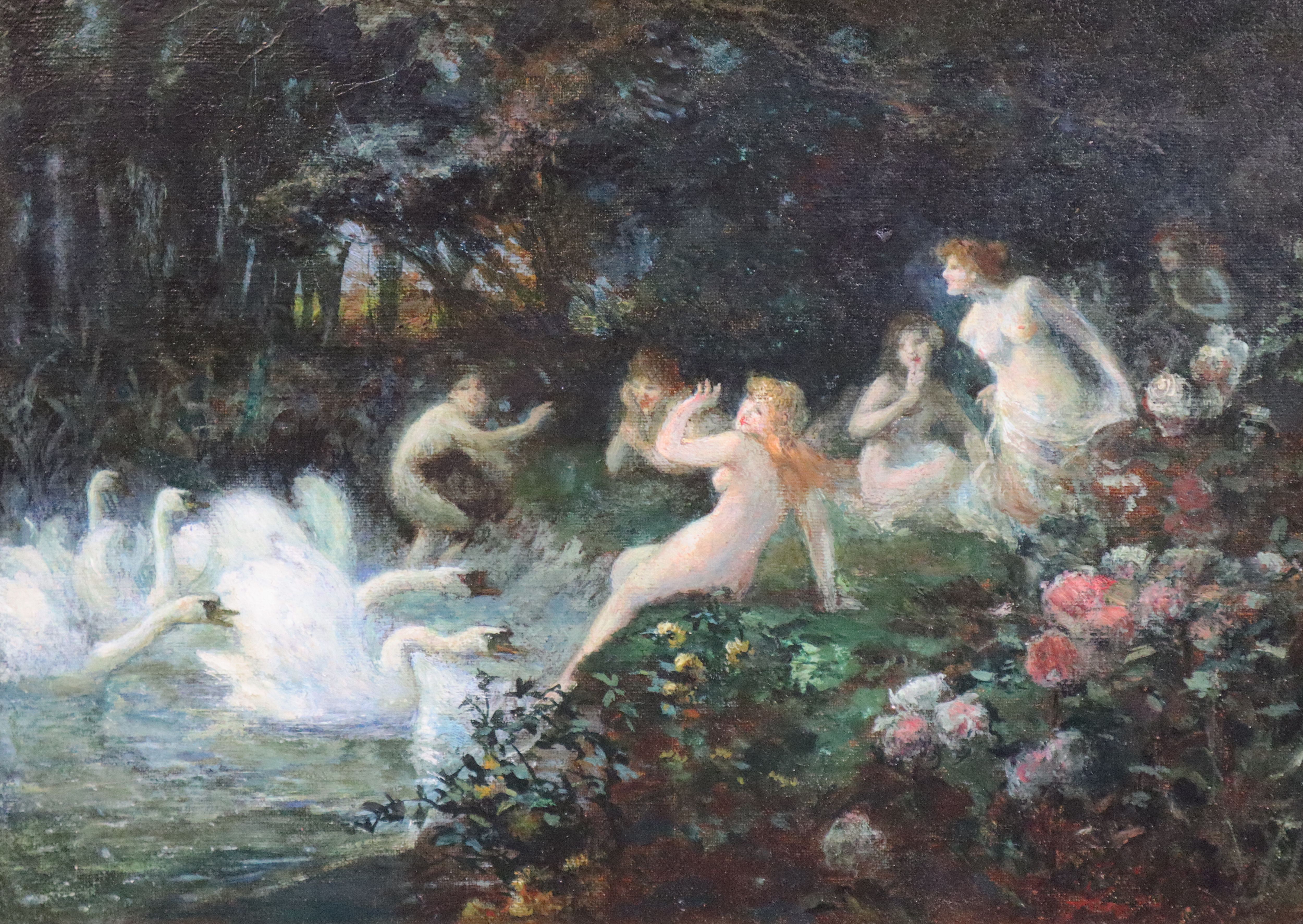 Henri-Théodore Fantin-Latour (French 1836-1904) Symbolist Nymphs being chased by swans 9.5 x 13.5in.